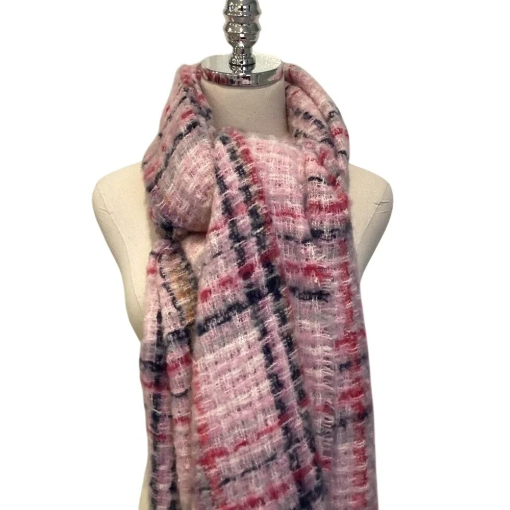 Women's Plaid Fringe Scarf Soft Warm Fluffy Pink Blue Plaid 26 x 84